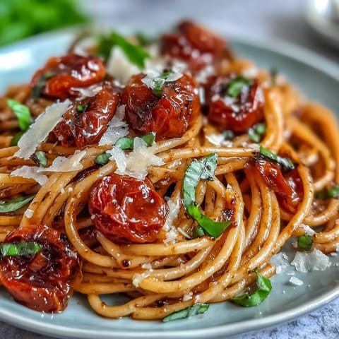 Vibrant cherry tomato confit pasta glistens with garlic oil, perfect for a summer meal.