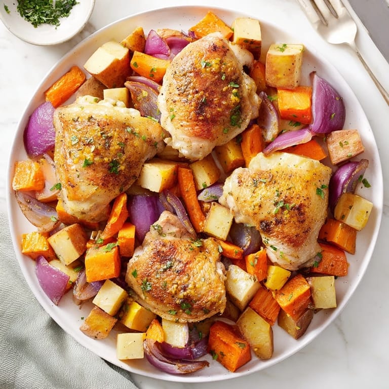 Comforting One-Pan Garlic Herb Roasted Chicken with crispy skin, roasted veggies, and fragrant garlic.