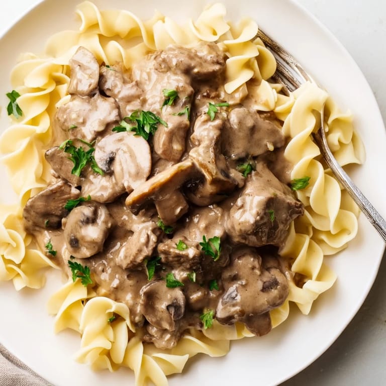 Rich and creamy Classic Beef Stroganoff with tender beef and sautéed mushrooms.  