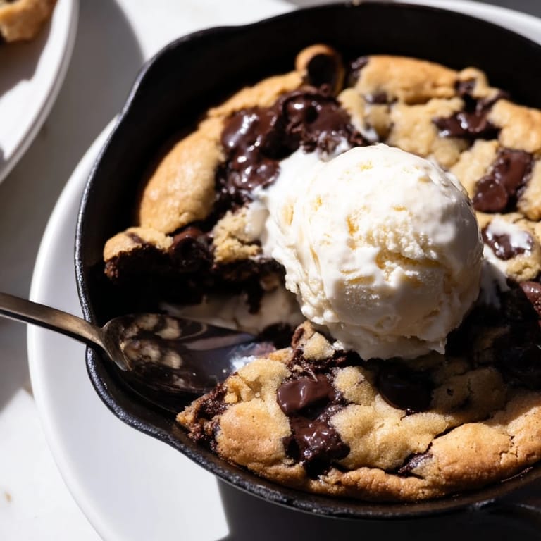 Freshly baked chocolate chip skillet cookie fresh from the oven, warm and inviting.
