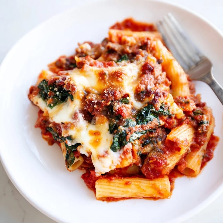 Golden Baked Ziti with Mozzarella and Spinach, served bubbling from the oven.  