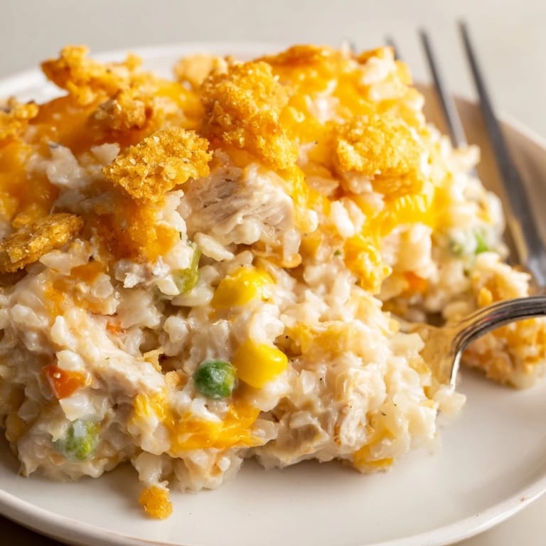 Hearty Cheesy Chicken and Rice Casserole filled with tender chicken and vibrant peas.
