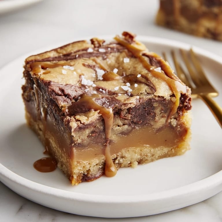 Chewy blondie squares topped with flaky sea salt and rich, velvety caramel.  