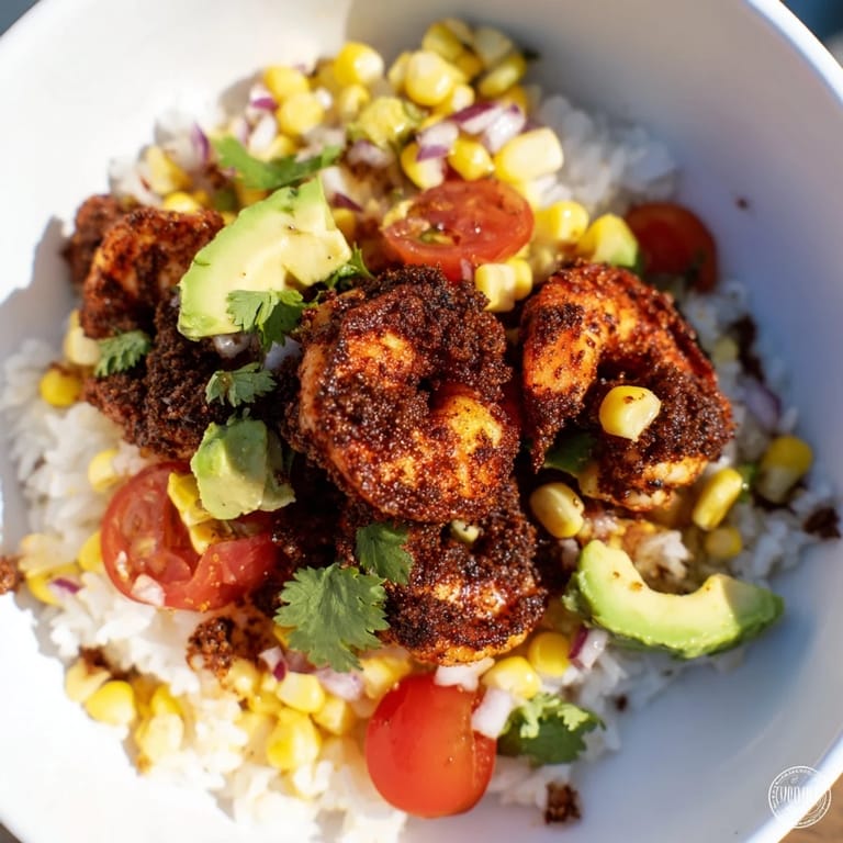 Close-up of a blackened shrimp bowl, showing juicy shrimp and colorful salsa; a Southwestern delight.