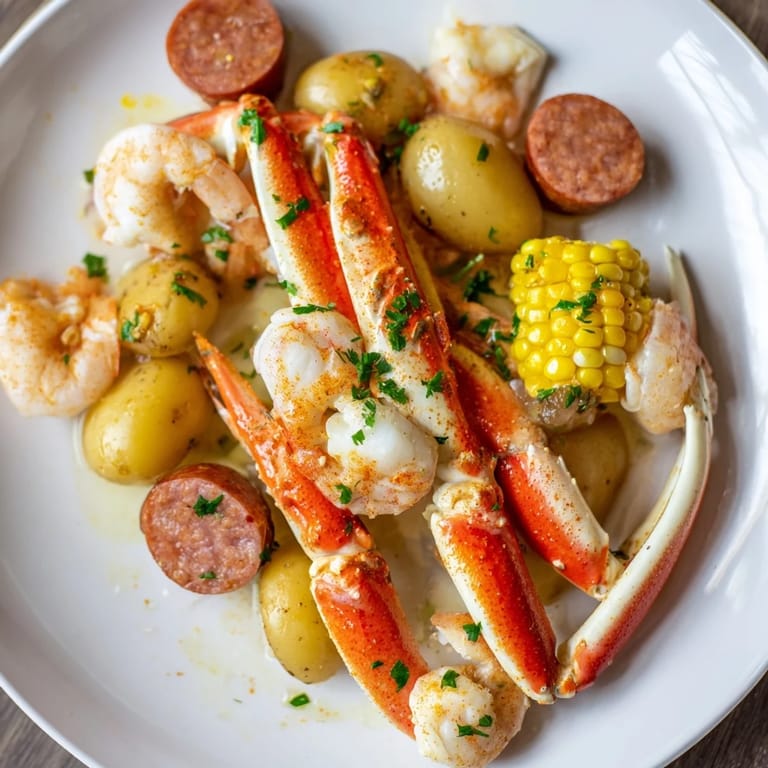 Overflowing platter of a classic seafood boil featuring crab legs, shrimp, and sausage with golden corn.