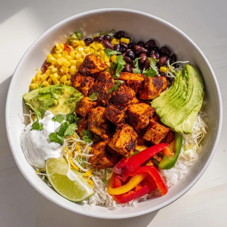 This photo shows a delicious serving of Sheet Pan Chicken Burrito Bowls, piled high with fresh toppings.