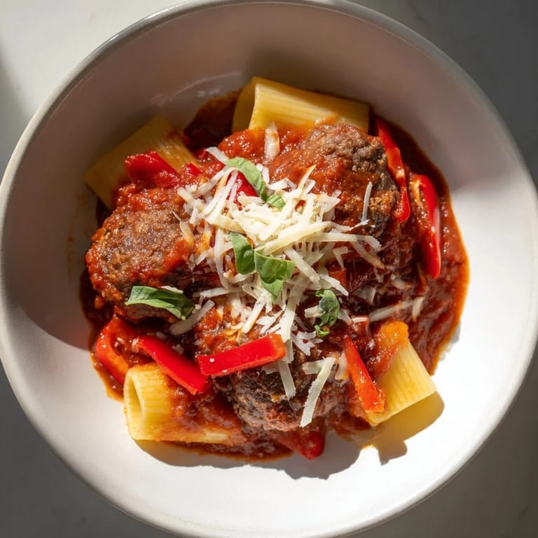 A close-up of a bubbling Italian meatball pasta skillet, showcasing juicy meatballs and rich sauce.