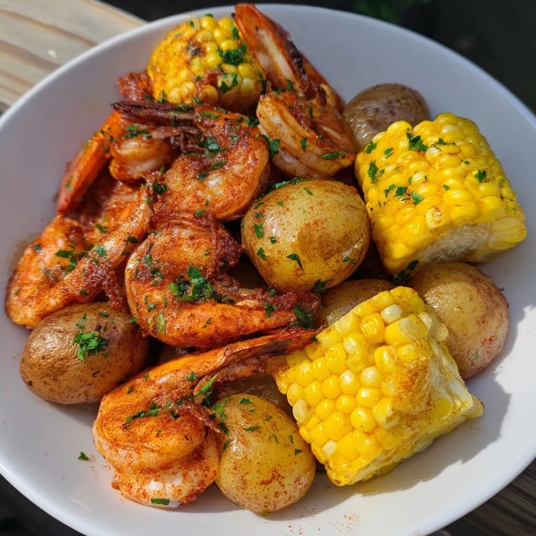 Juicy Cajun Shrimp & Sweet Corn Platter with hints of paprika and garlic, served with fresh parsley and lemon.