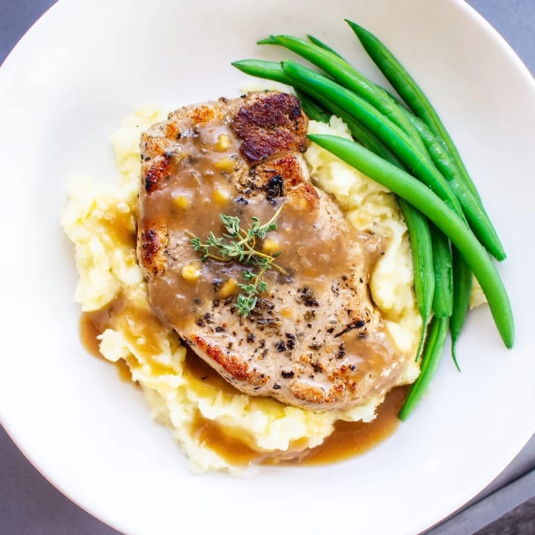 Tender Pork Chops & Cheddar Mash Bowl featuring golden-brown pork and vibrant green beans for a hearty dinner.