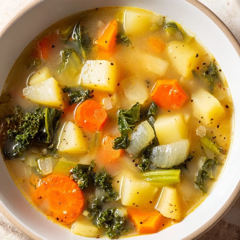Enjoy a rustic bowl of Vegetarian Potato-Kale Soup, a comforting and flavorful homemade meal.