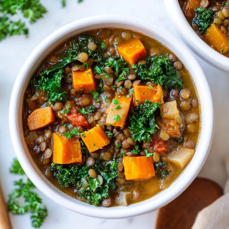 Hearty and flavorful Winter Vegetable & Lentil Soup, ideal for a vegan comfort food dinner.