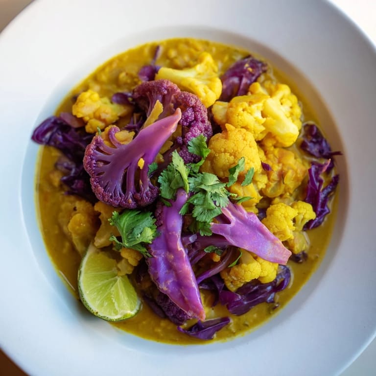 Enjoy a comforting serving of Red Cabbage, Cauliflower & Coconut Dhal alongside a fluffy bed of rice or naan.