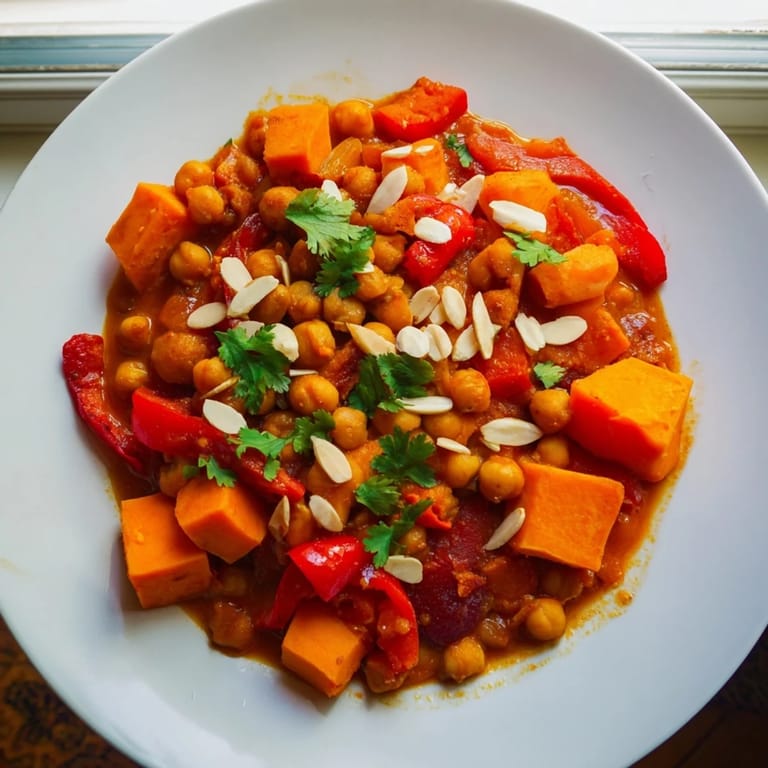 Delicious Moroccan Chickpea & Sweet Potato Tagine, with a colorful array of cooked vegetables and warm spices.