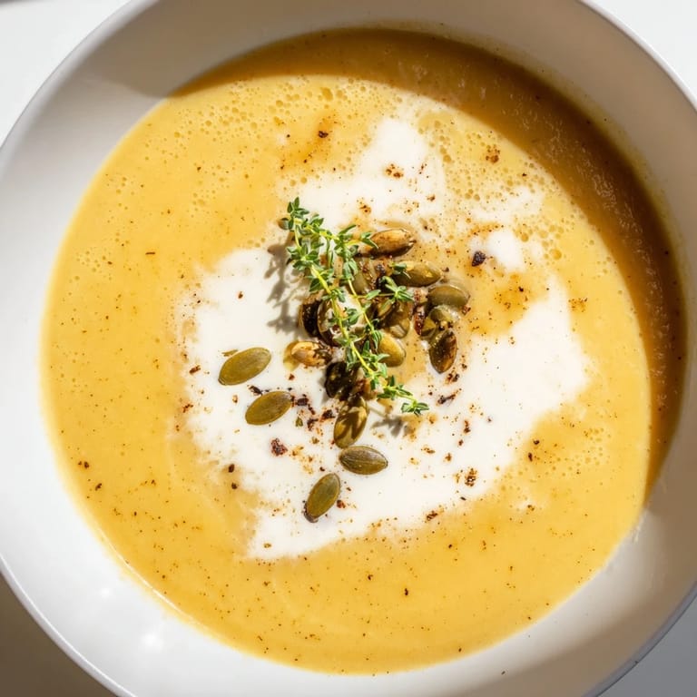 Golden swirls of creamy roasted acorn squash soup, smelling of herbs, are ready to savor.