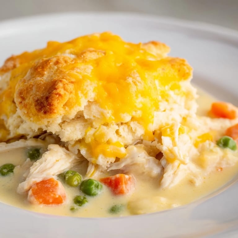 This visually appealing One-Pan Chicken Cobbler dish shows off the tender chicken under golden, fresh baked biscuits.
