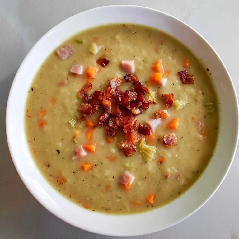 A bowl of savory split pea soup with canned ham, garnished with golden, smoky bacon.