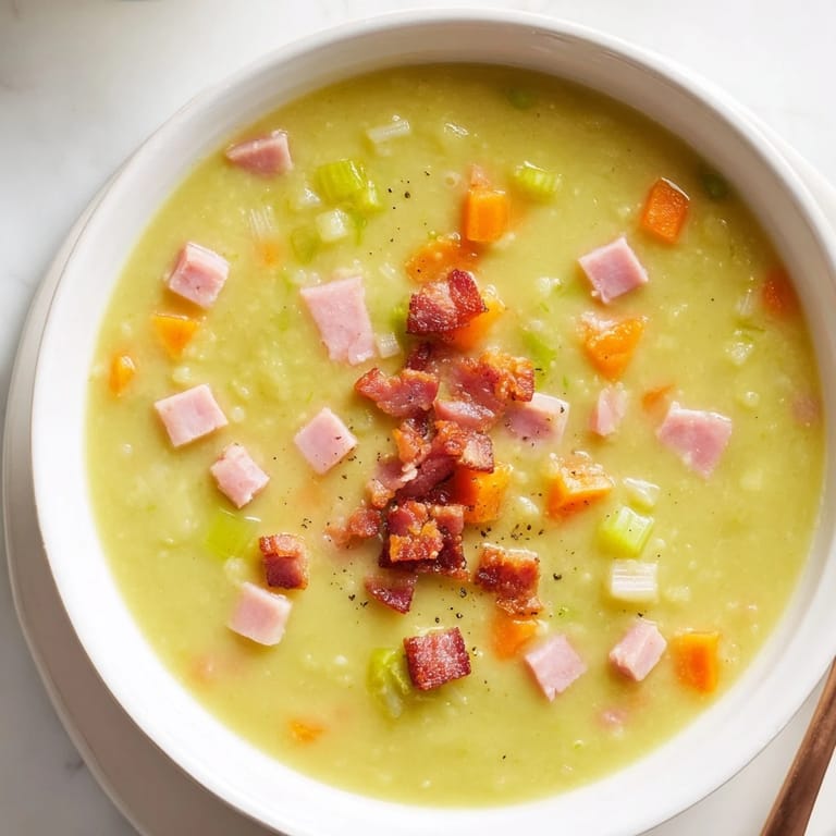 Thick, comforting split pea soup with canned ham; imagine the rich flavors and textures.