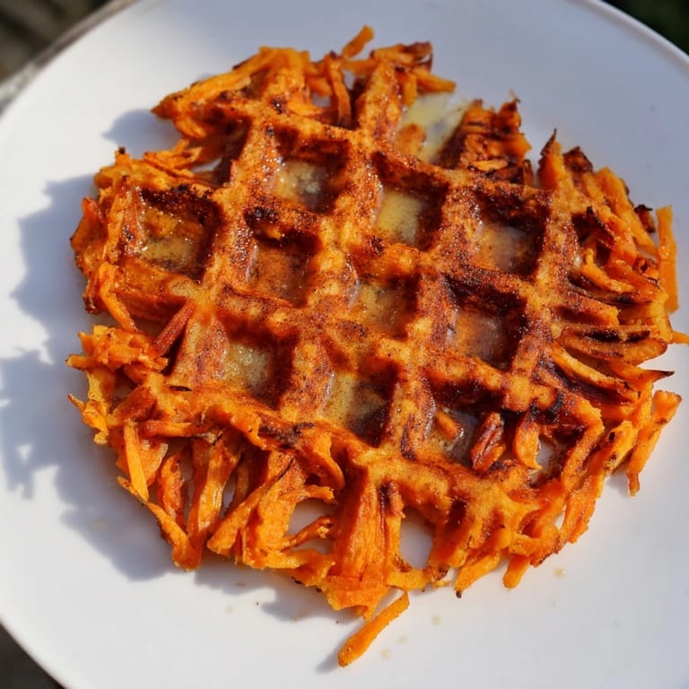 A stack of freshly made sweet potato waffles, drizzled with sweet maple syrup, perfect for weekend brunch.