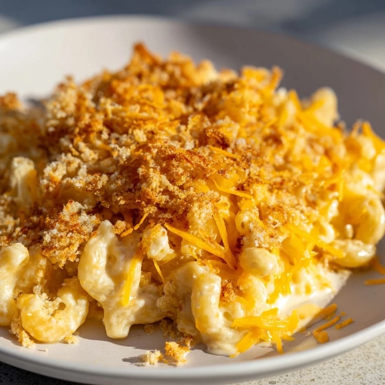 A close-up of creamy mac & cheese with evaporated milk, topped with melted cheese and ready to serve.