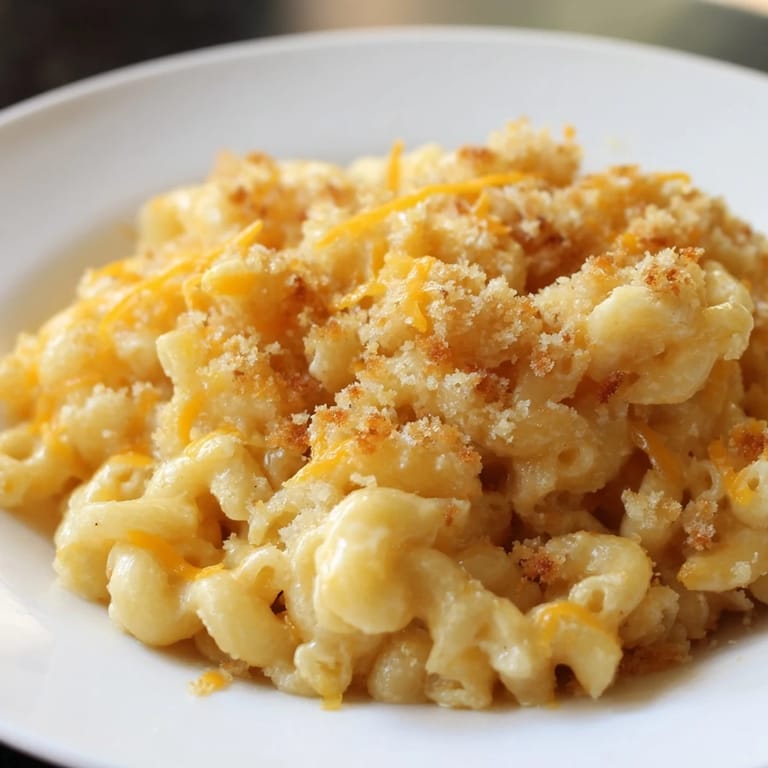Hot, freshly-baked mac & cheese with evaporated milk, promising a rich, ultra-creamy, cheesy comfort food.