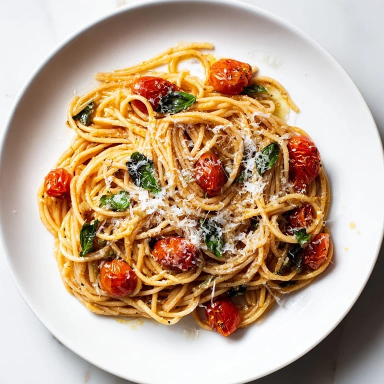 A comforting serving of Lazy-Girl Pasta, garnished with fresh basil, smells aromatic and delicious.