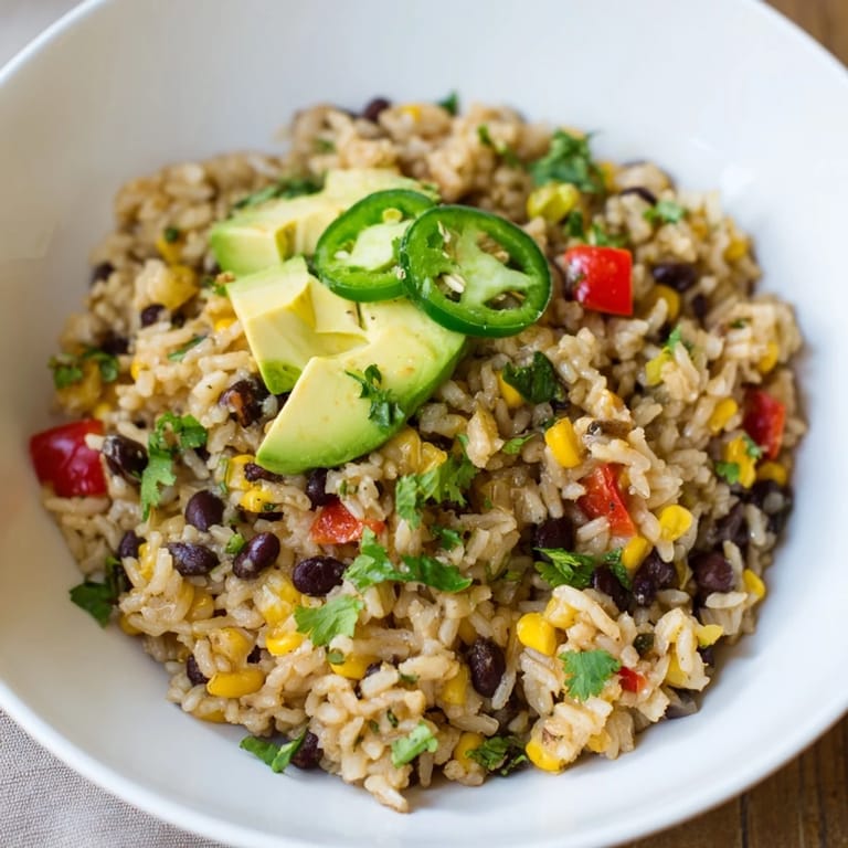 Close-up of a bowl of fluffy one-pot Mexican rice & beans, perfect for a quick, filling meal.
