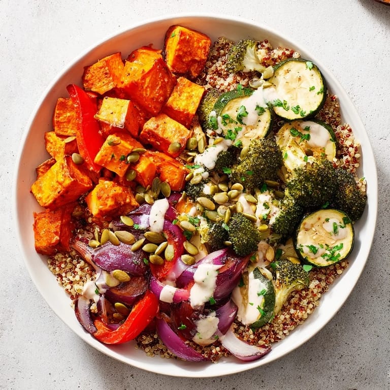 Vibrant quinoa bowl with colorful roasted seasonal veggies, topped with pumpkin seeds for delightful crunch.