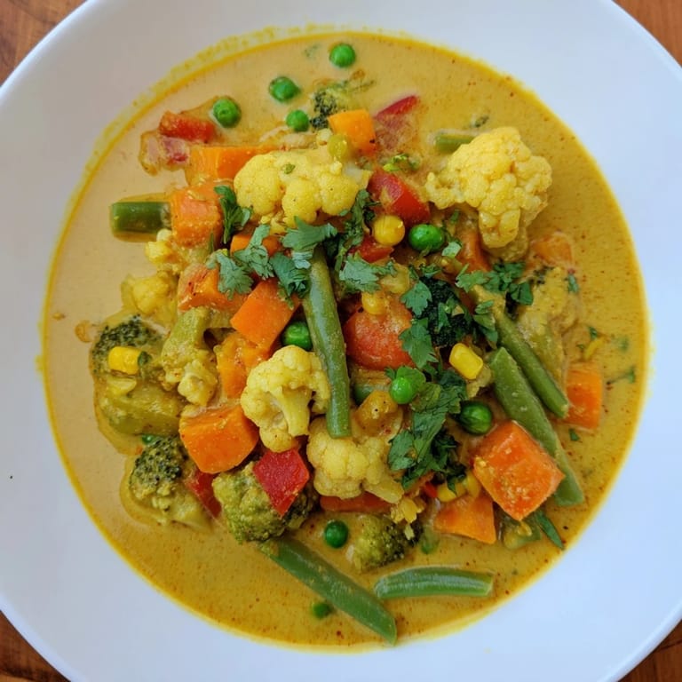 Creamy veggie coconut curry simmered with mixed frozen vegetables, a vibrant and flavor-packed vegan meal.