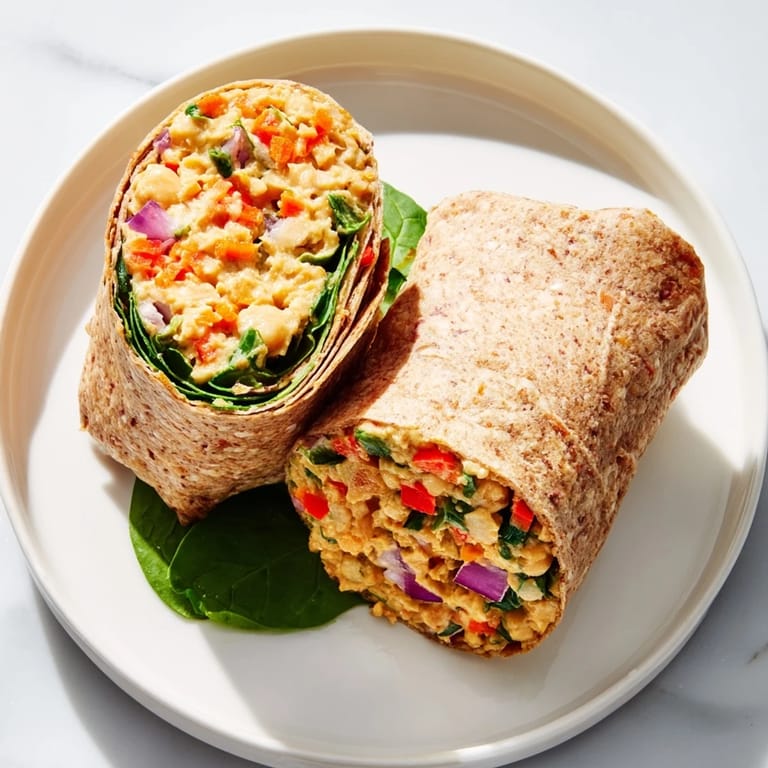 Creamy, flavorful chickpea salad filling whole wheat wraps, perfect for meal prepping a quick meal.