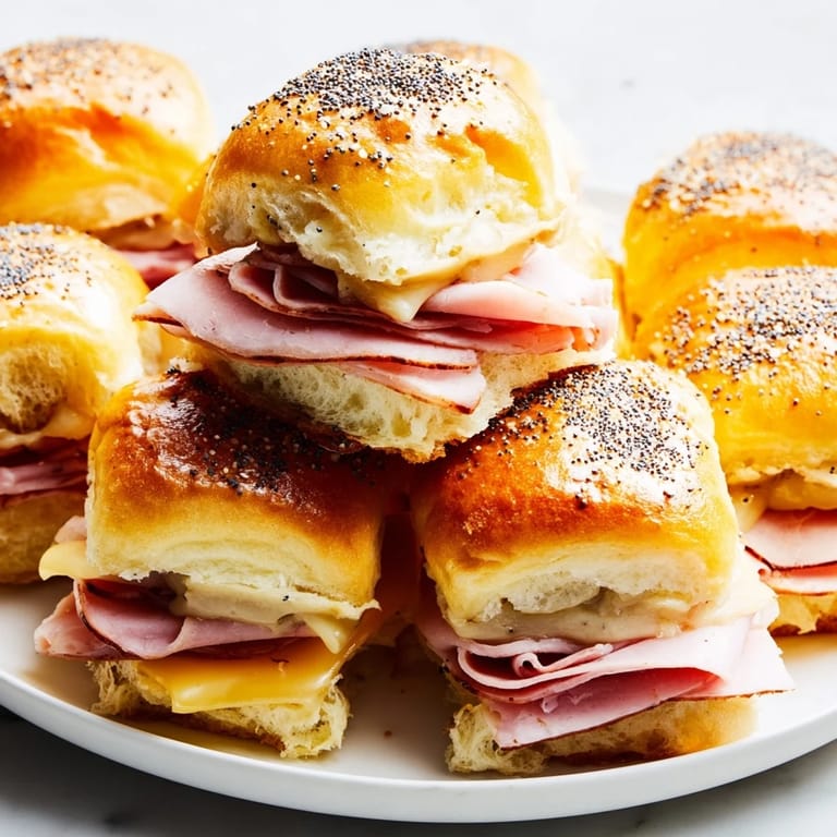 Melting cheese and ham layered in soft rolls: these simple Ham and Cheese Party Sliders are ready to devour!