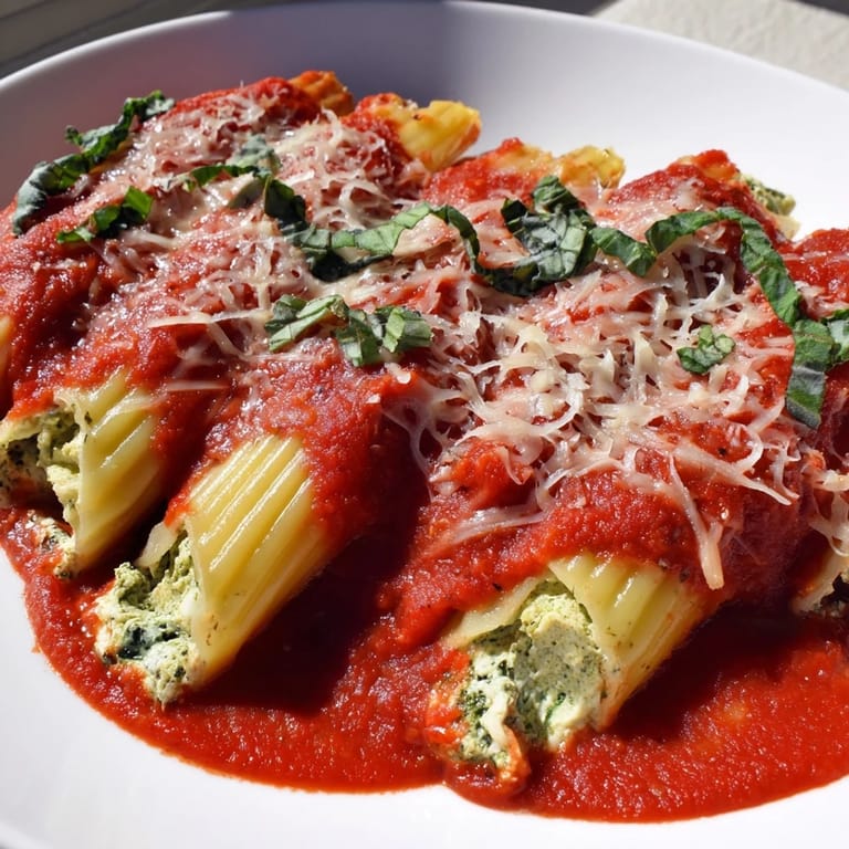 A close-up of steaming Cozy Broccoli Stuffed Manicotti, revealing creamy broccoli filling and melted mozzarella.