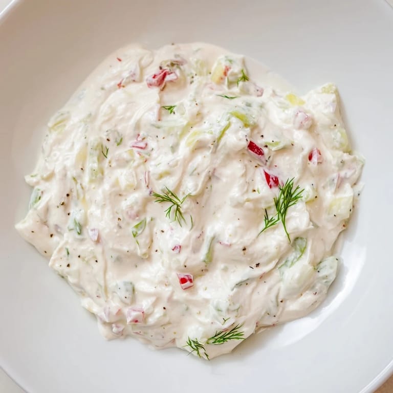 Delicious Sweet and Sour Pickle Relish Dip topped with fresh dill, ideal for sandwiches.