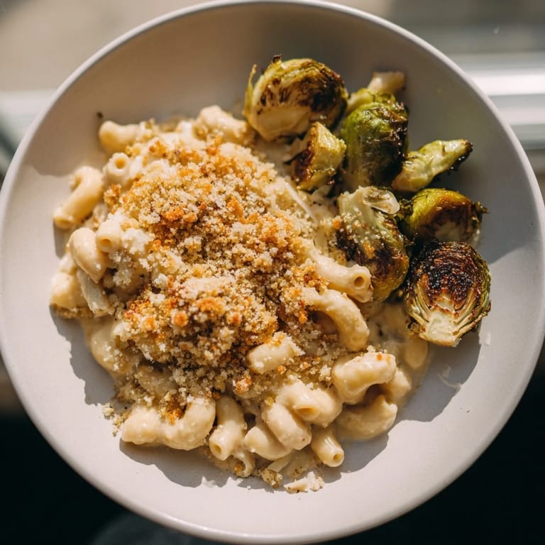 A delicious view: a creamy sheet pan mac and cheese, loaded with roasted Brussels sprouts and cheese.