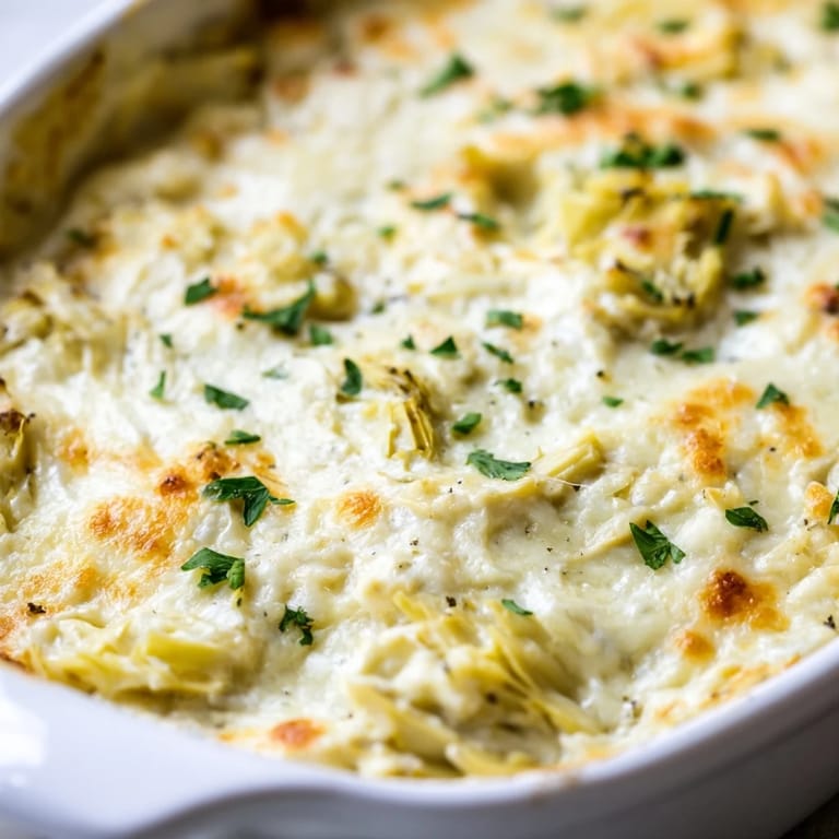 Golden-brown baked artichoke dip, served hot with crackers, offering a savory and cheesy bite.