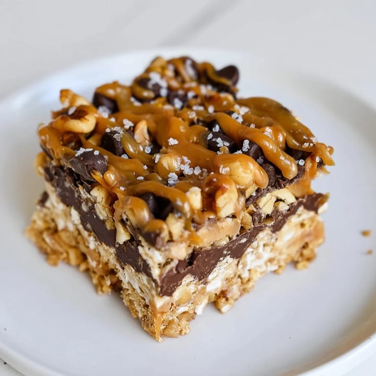 Close up revealing the rich layers of decadent 7-Layer Magic Bars, topped with glistening caramel.