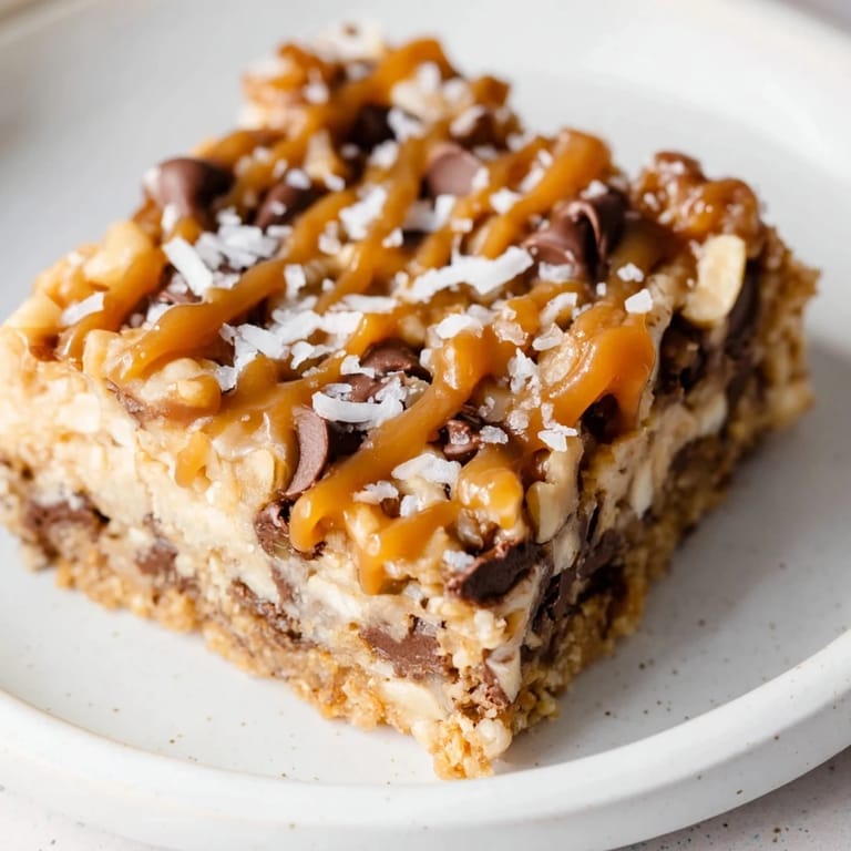 Warm, freshly baked 7-Layer Magic Bars with a drizzle of salted caramel, inviting you to indulge.