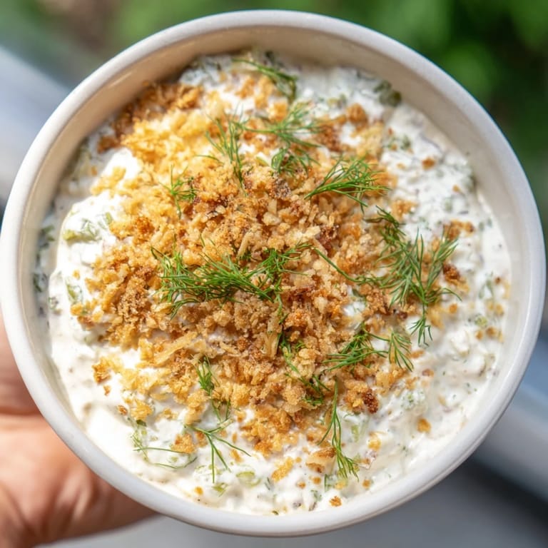 A close-up of a bowl of Fried Pickle Dip, garnished for extra flavor and deliciousness.