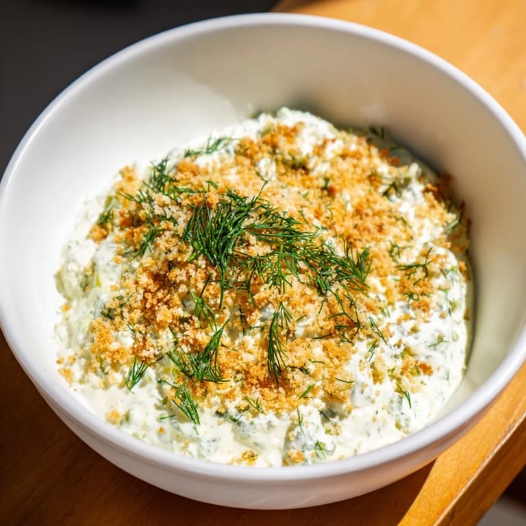 Freshly made Fried Pickle Dip, a vibrant mix of pickles and herbs, ready for dipping.