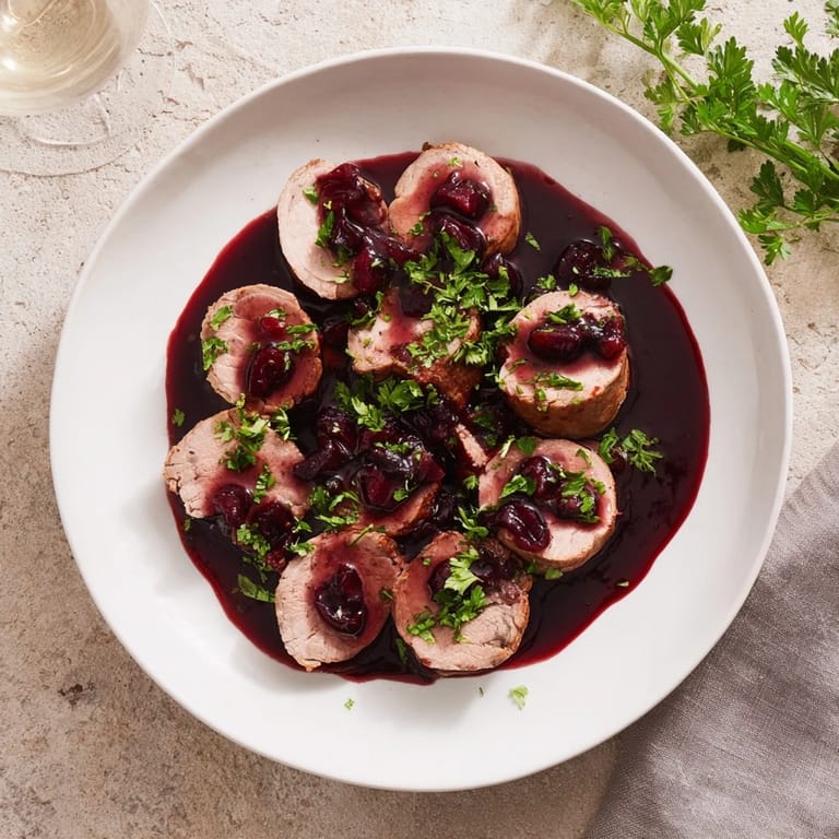 This perfectly roasted tart cherry date glazed pork tenderloin is ready to be sliced and served.