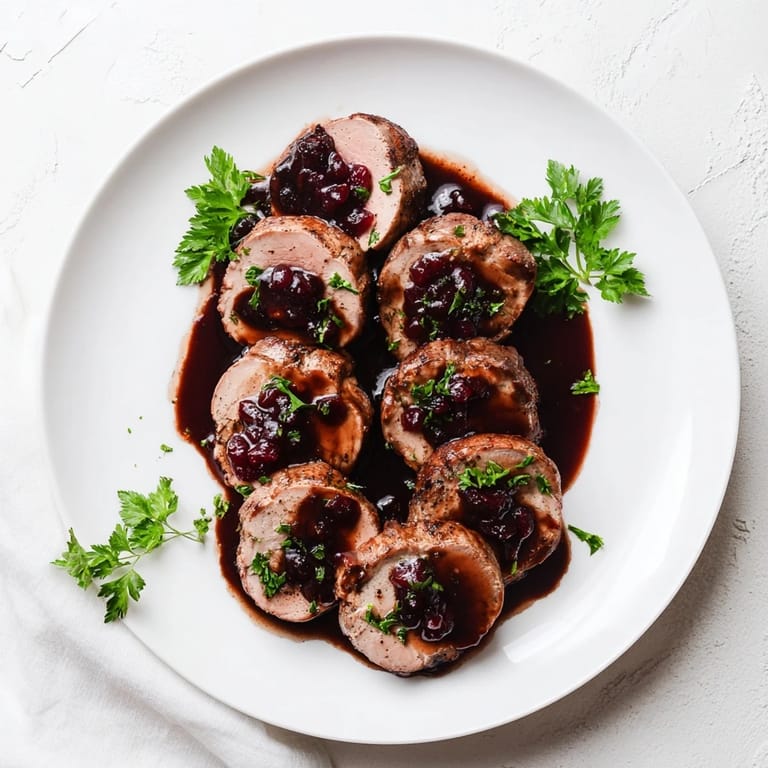 A close-up shot of the mouthwatering tart cherry date glazed pork tenderloin with fresh parsley garnish.
