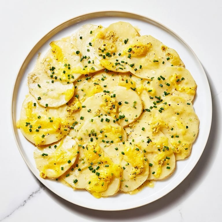 A close-up of cheesy scalloped potatoes, showing layers of creamy potatoes and melted cheeses.