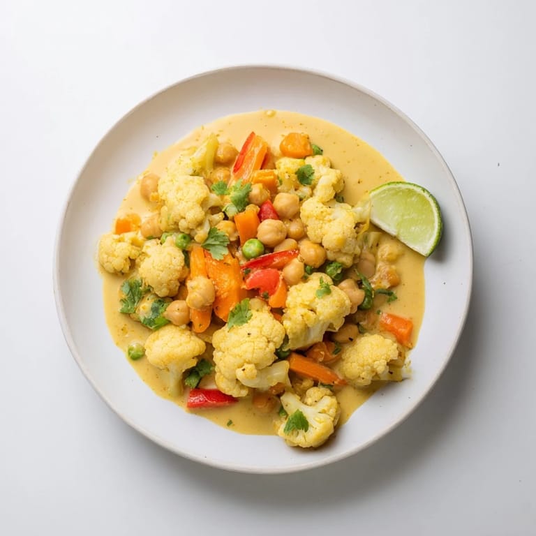Enjoy a spoonful of flavorful Curried Cauliflower and Chickpea Coconut Stew with tender vegetables and coconut.