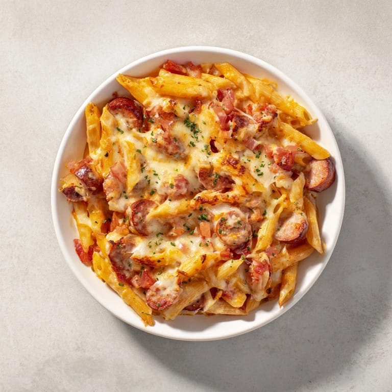 A flavorful Budget Sausage and Cheese Pasta Bake, showcasing a hearty tomato sauce with melted cheese on top.
