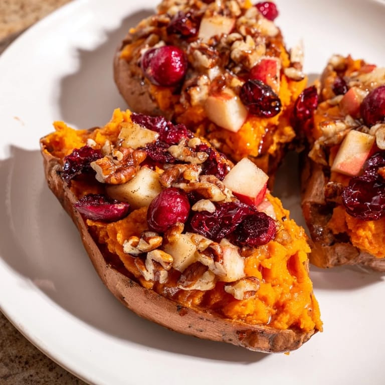 Warm and filled Cranberry Apple Twice-Baked Sweet Potatoes, showing off a delightful mix of sweet and tart tastes.