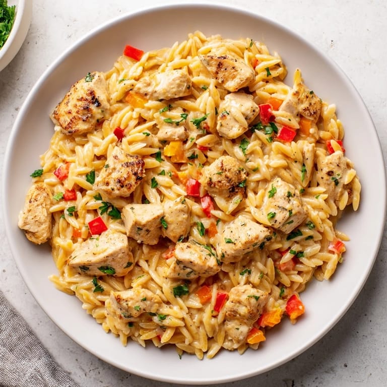 Imagine a flavorful bite of One-Pot Cajun Chicken Alfredo Orzo, garnished with fresh parsley and Parmesan.