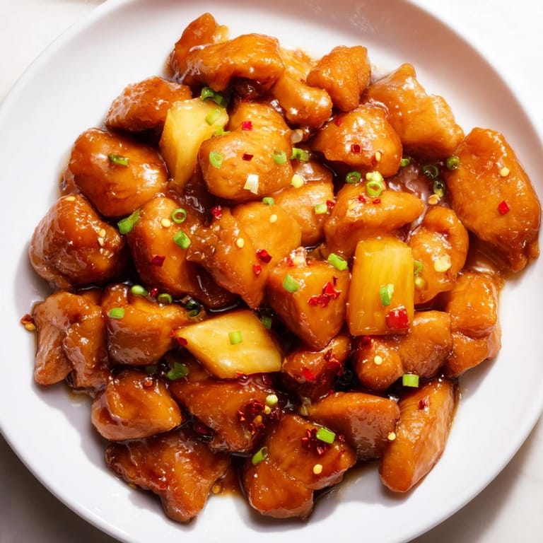 Close-up of baked Brown Sugar Pineapple Chicken, showing tender chicken and pineapple pieces.