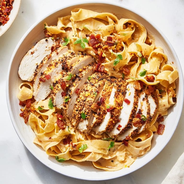 A close-up of Southern Style Creamy Parmesan Chicken Pasta, rich sauce clinging to pasta and chicken strips.