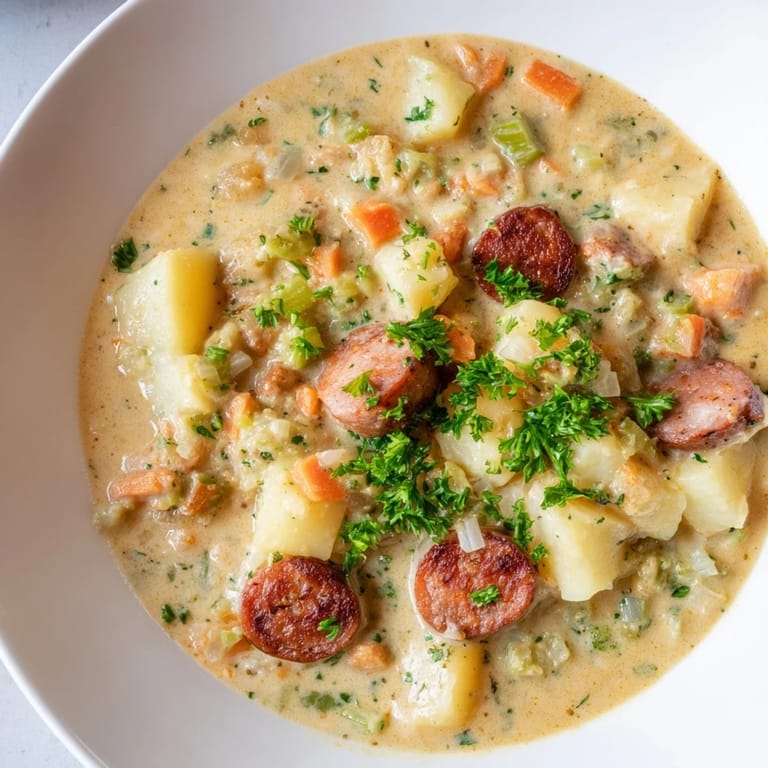 Thick and hearty creamy chorizo potato soup, perfect for a warming, gluten-free lunch.