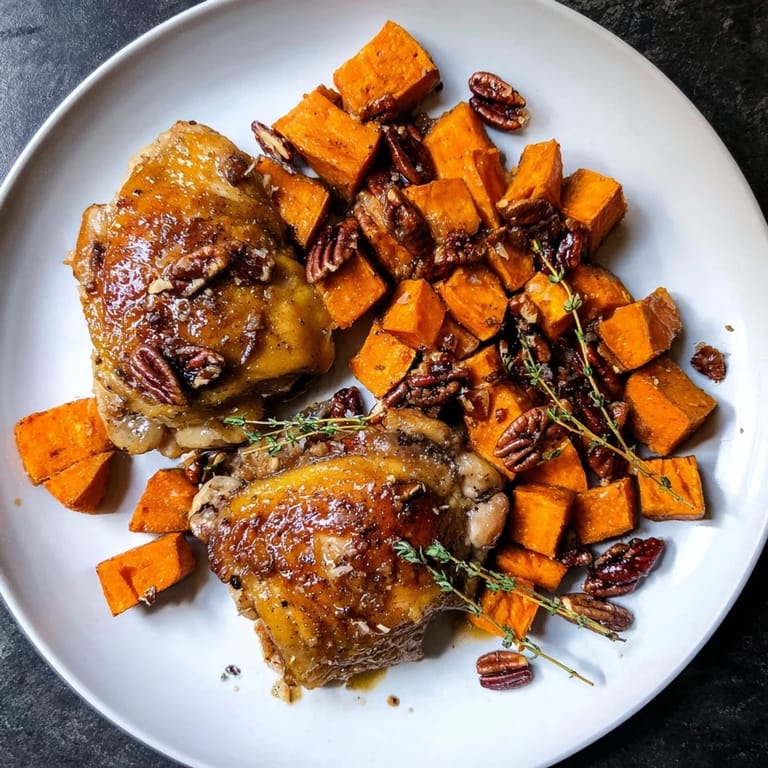 Fall-inspired image of a one-pan maple glazed chicken dish with roasted sweet potatoes, garnished beautifully.