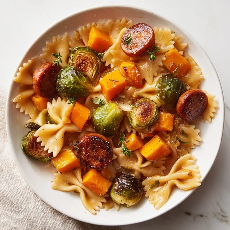 A visually inviting photo of autumn sausage pasta squash with a buttery, garlic-infused sauce.